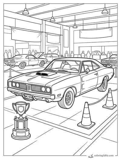 1970 muscle car on a roped show platform with trophy, cones, banners, and spectators