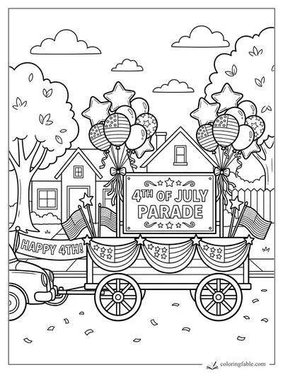 4th of July parade float with patriotic balloons, flags, bunting, houses, trees, and a Happy 4th banner.