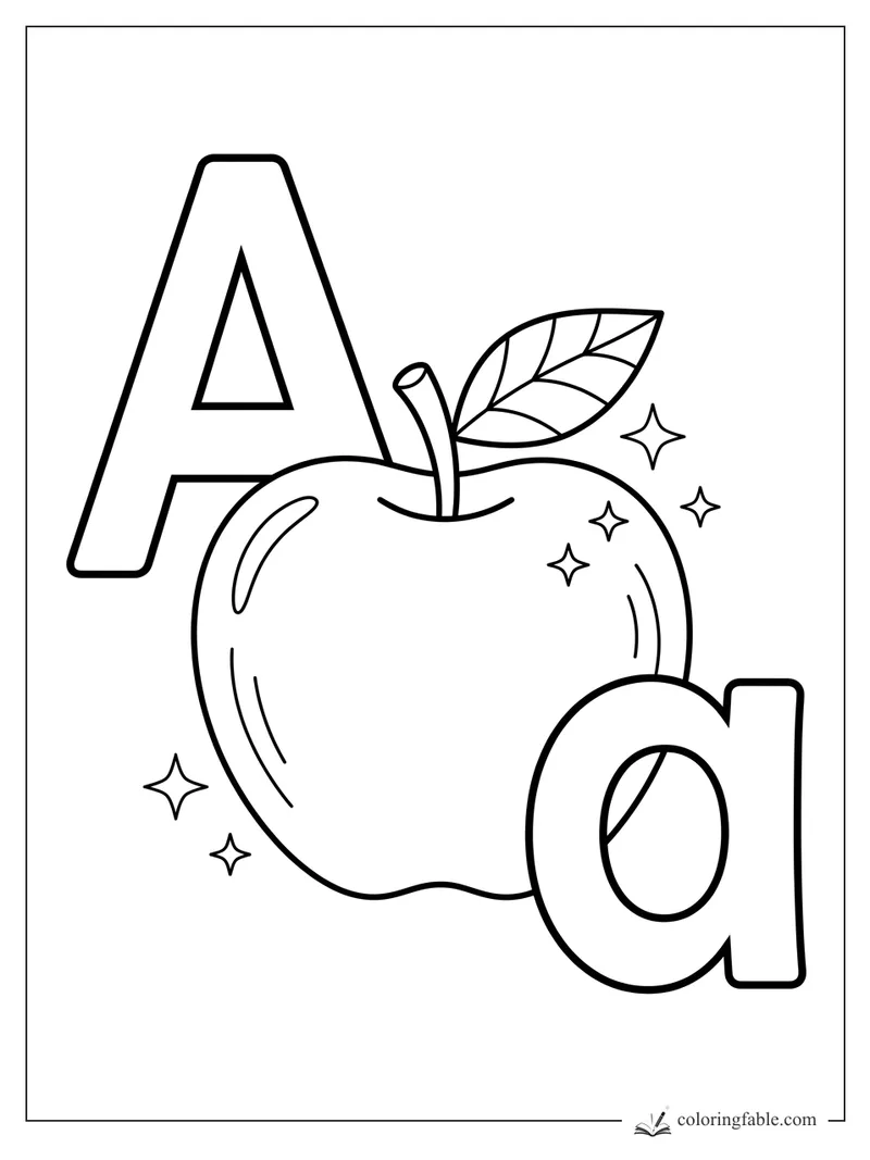 Uppercase A, lowercase a, and a shiny apple with leaf and sparkles coloring page