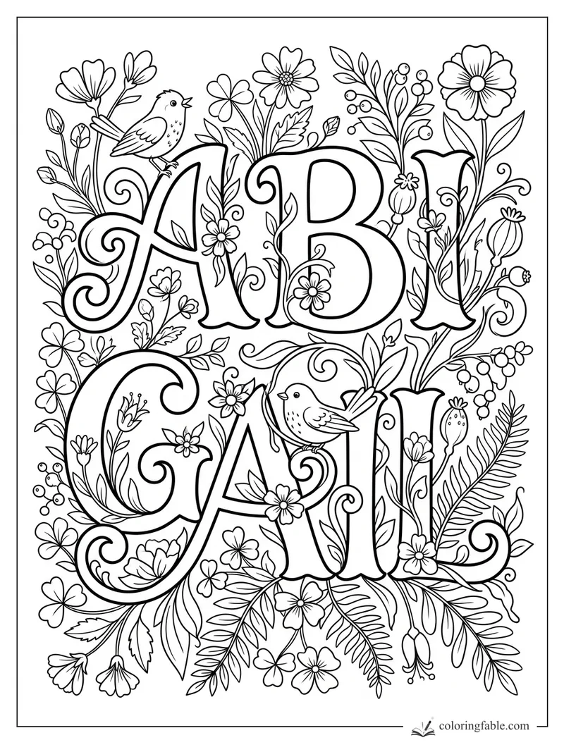 Abigail name coloring page with big floral letters, two perched birds, berries, leaves, and curling vines