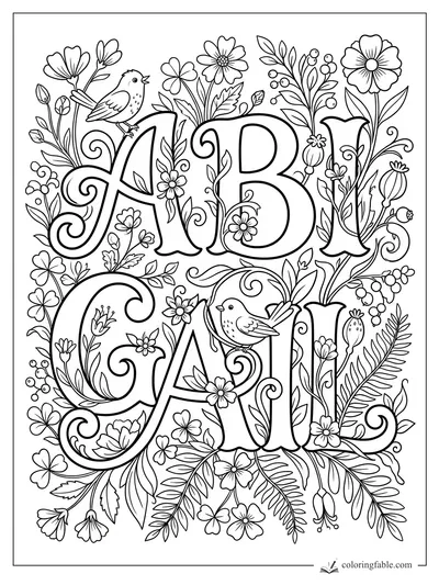 Abigail name coloring page with big floral letters, two perched birds, berries, leaves, and curling vines