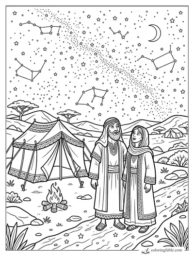 Abraham and Sarah stand by tents and a campfire under constellations and a crescent moon.