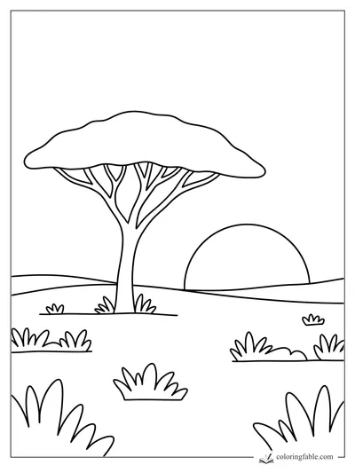 Bold easy savanna coloring page with acacia tree, setting sun, rolling hills, and grass tufts.