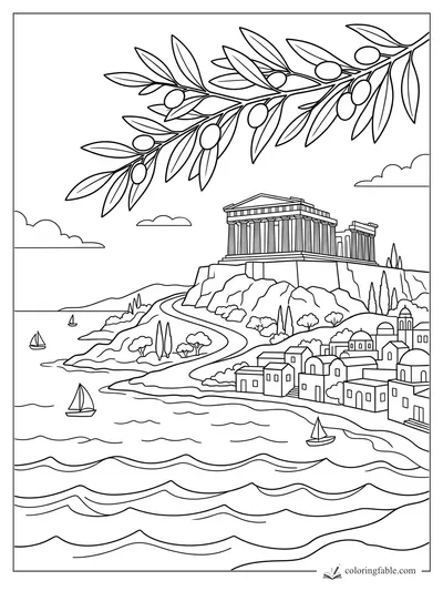 Greek coast coloring page with Acropolis temple, olive branch, hillside village, sailboats, and sea waves