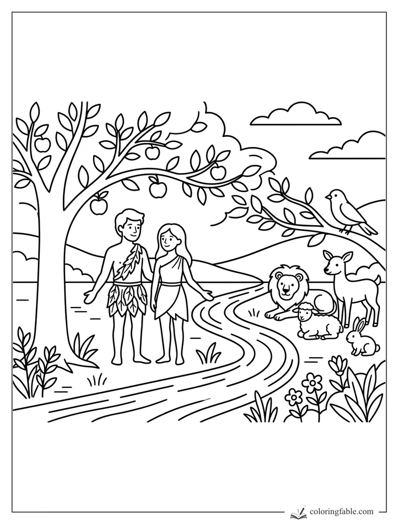 Adam and Eve in Eden with a fruit tree, river, lion, lamb, deer, rabbit, and bird coloring page