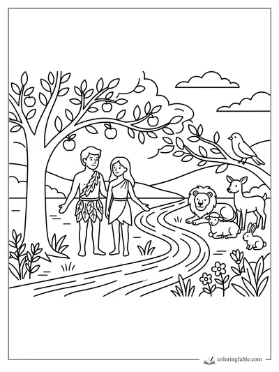 Adam and Eve in Eden with a fruit tree, river, lion, lamb, deer, rabbit, and bird coloring page