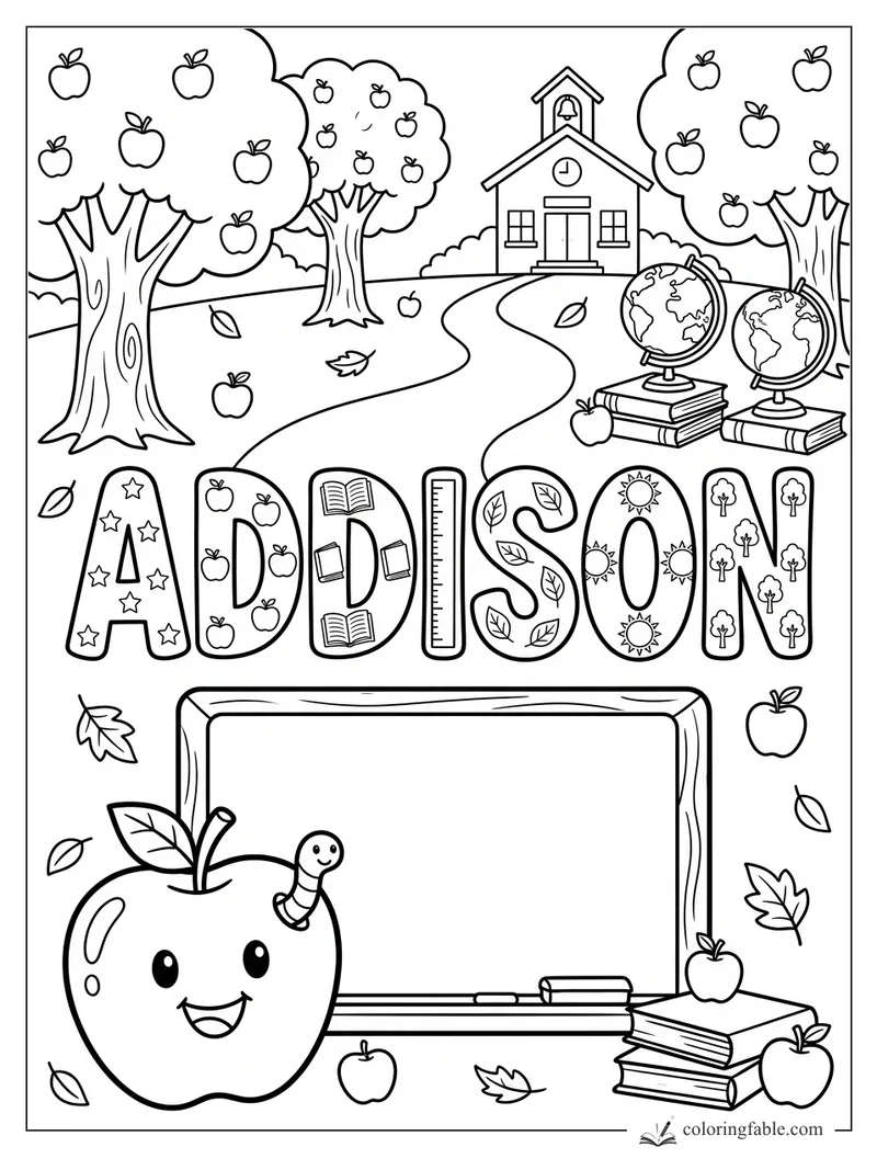 Addison name coloring page with apple trees, schoolhouse, globes, books, chalkboard, and smiling apple