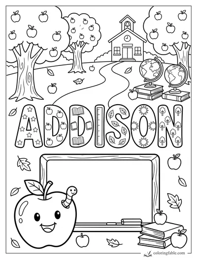 Addison name coloring page with apple trees, schoolhouse, globes, books, chalkboard, and smiling apple