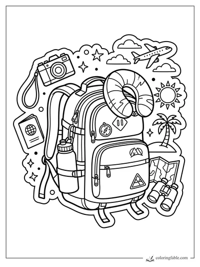 Easy vacation coloring page with a travel backpack, camera, plane, passport, map, palm tree, and binoculars.