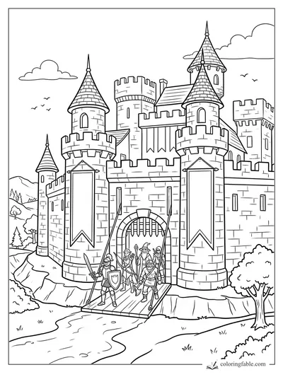 Fantasy castle with towers, banners, drawbridge, and four adventurers setting out from the gate