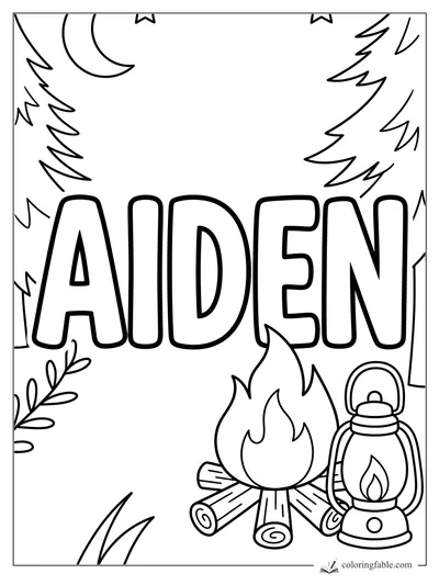 Aiden name coloring page with campfire, lantern, pine trees, crescent moon, and stars
