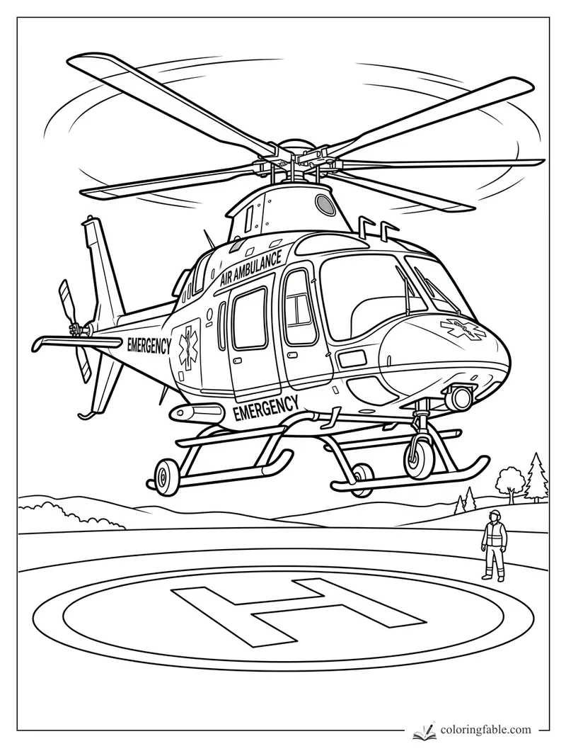 Realistic air ambulance helicopter hovering above a helipad with a ground crew member nearby.