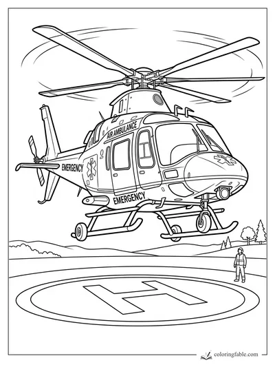 Realistic air ambulance helicopter hovering above a helipad with a ground crew member nearby.