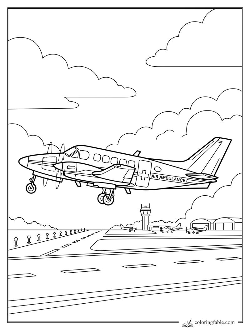Air ambulance plane flying low over an airport runway with control tower, hangars, clouds, and propellers.