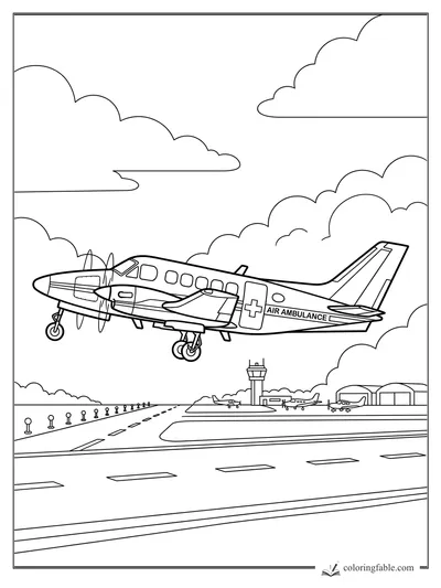 Air ambulance plane flying low over an airport runway with control tower, hangars, clouds, and propellers.