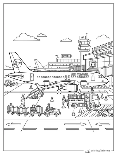 Air Travel airplane at Gate B14 with terminal, control tower, luggage carts, ramp service truck, and cones