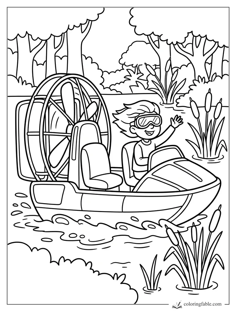 Child in goggles waves from an airboat speeding through a cattail marsh with trees behind.
