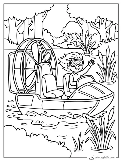 Child in goggles waves from an airboat speeding through a cattail marsh with trees behind.