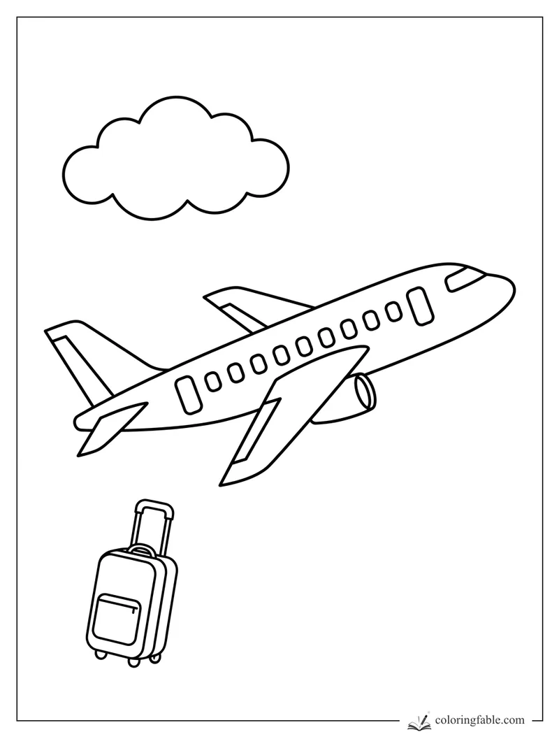 Easy coloring page of a passenger airplane, fluffy cloud, and rolling suitcase for a vacation trip