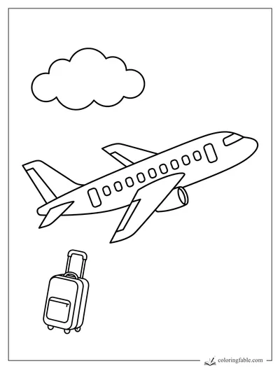 Easy coloring page of a passenger airplane, fluffy cloud, and rolling suitcase for a vacation trip