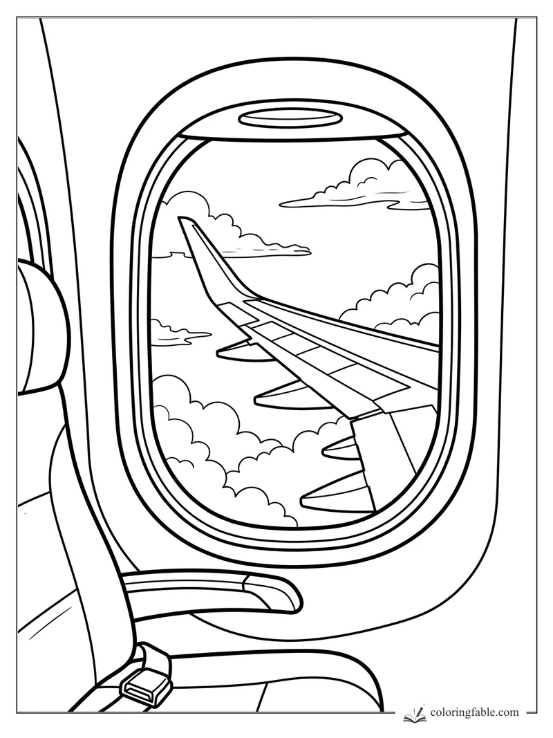 Airplane wing and fluffy clouds seen through a passenger cabin window beside a seat.