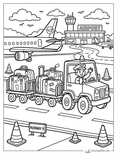 Cartoon airport baggage tug pulling suitcase carts past planes, cones, tower, and Runway 9 sign