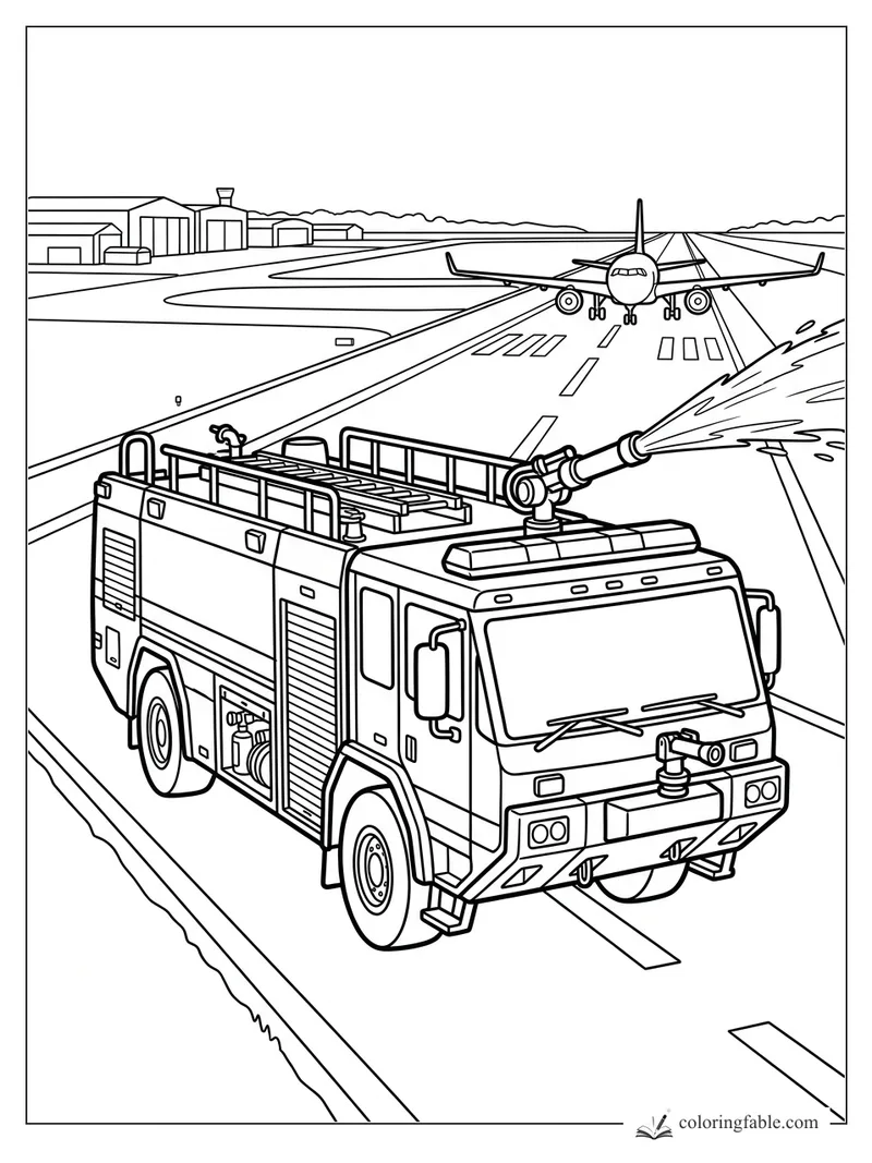 Airport fire truck spraying water beside a runway as a passenger jet comes in to land