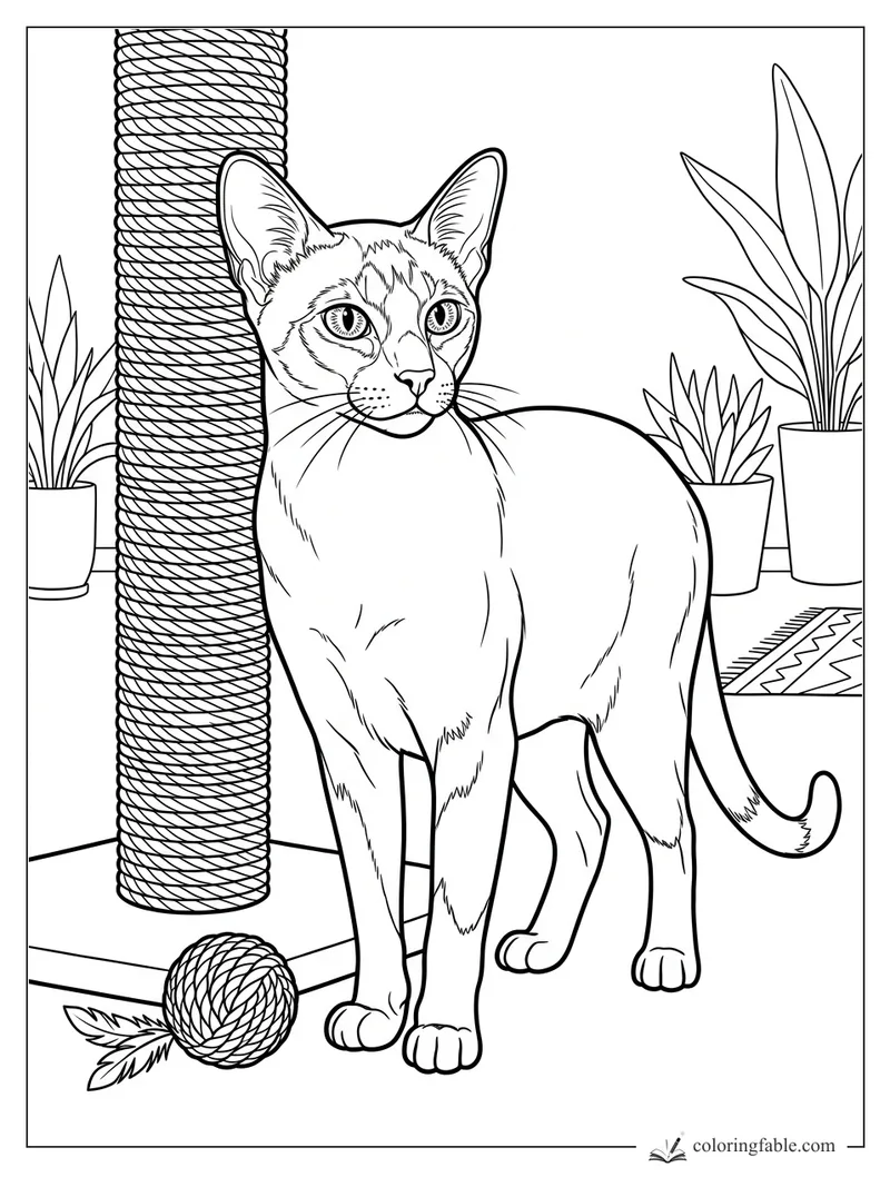 Realistic cat standing by a rope scratching post with a rope ball toy and potted plants