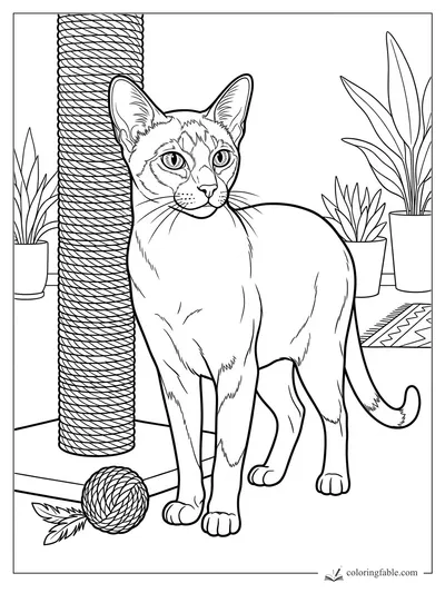 Realistic cat standing by a rope scratching post with a rope ball toy and potted plants