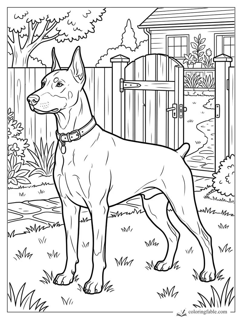 Realistic Doberman standing alert beside an open garden gate, fence, path, flowers, and house.
