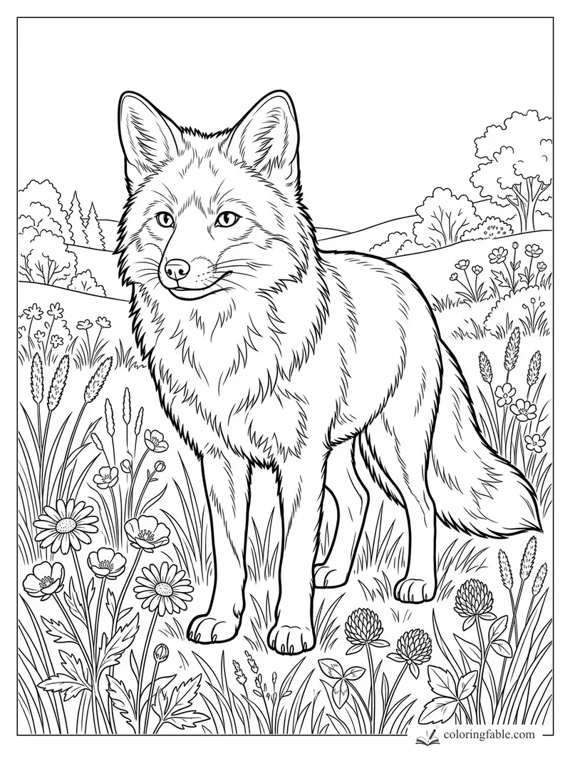 Realistic fox standing among daisies, clover, tall grasses, trees, and rolling hills coloring page