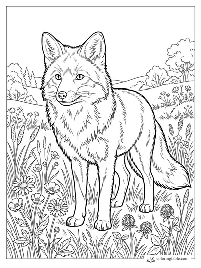 Realistic fox standing among daisies, clover, tall grasses, trees, and rolling hills coloring page