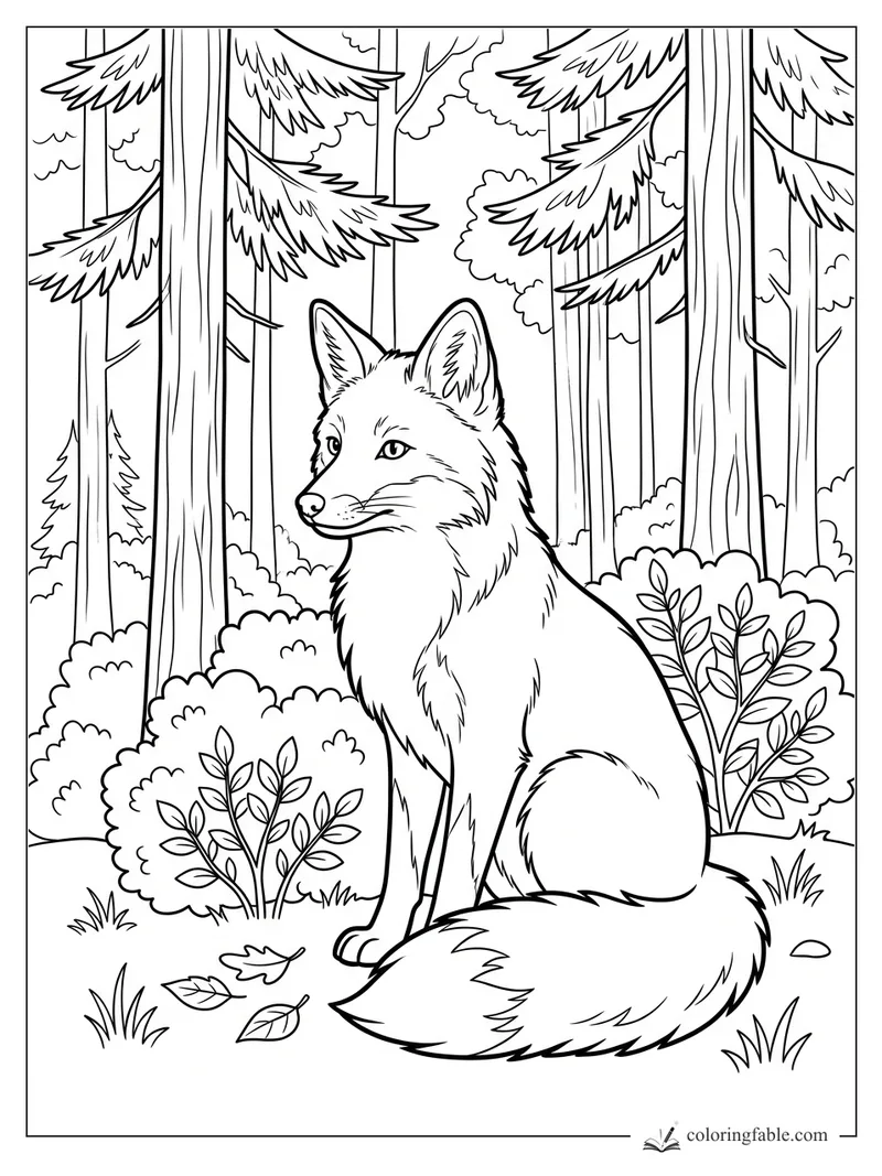 Sitting fox with fluffy tail among tall pine trees, shrubs, leaves, and forest grass
