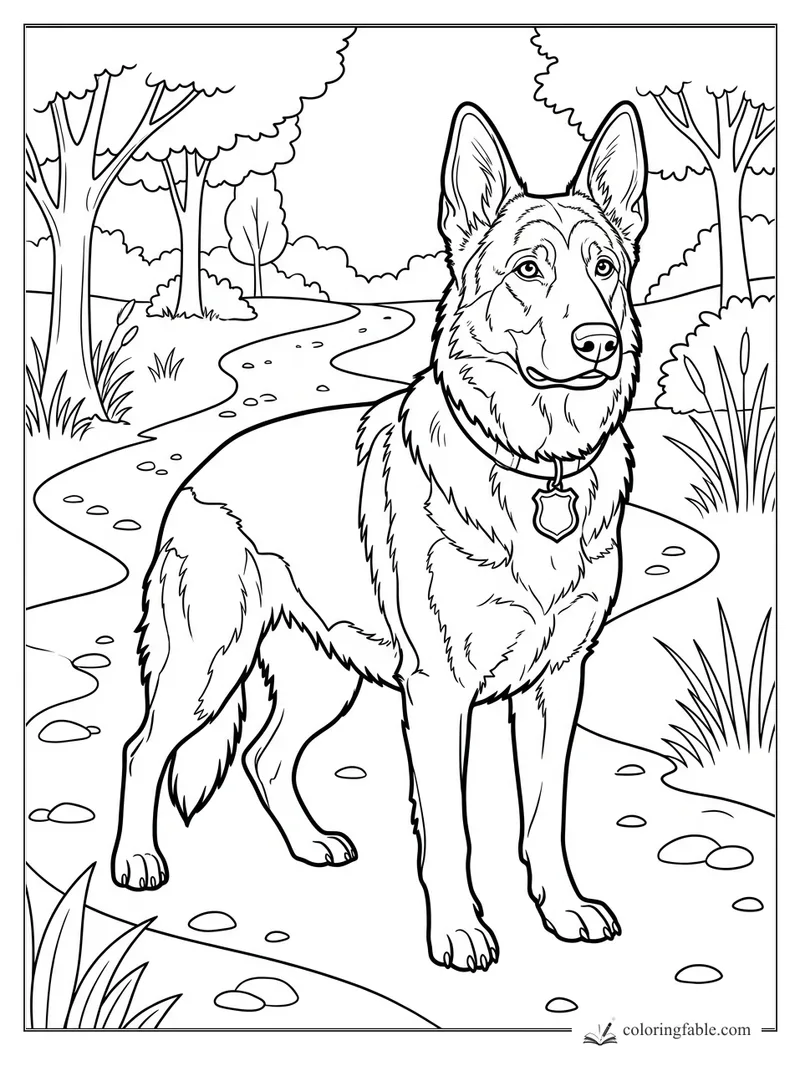 Realistic German shepherd wearing a tag, standing alert on a winding path through trees and rocks.