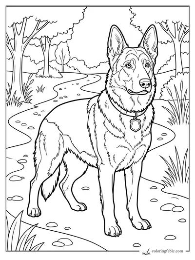 Realistic German shepherd wearing a tag, standing alert on a winding path through trees and rocks.