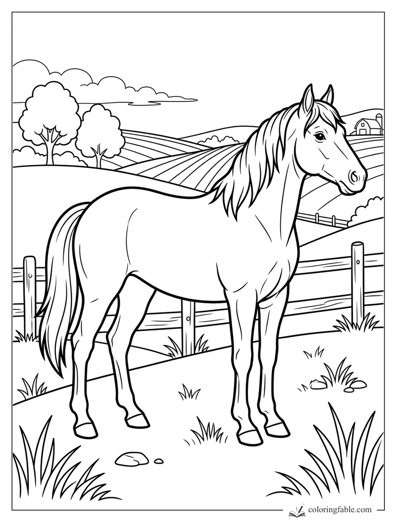 Horse standing by a wooden fence with rolling fields, trees, clouds, and a barn in the distance.