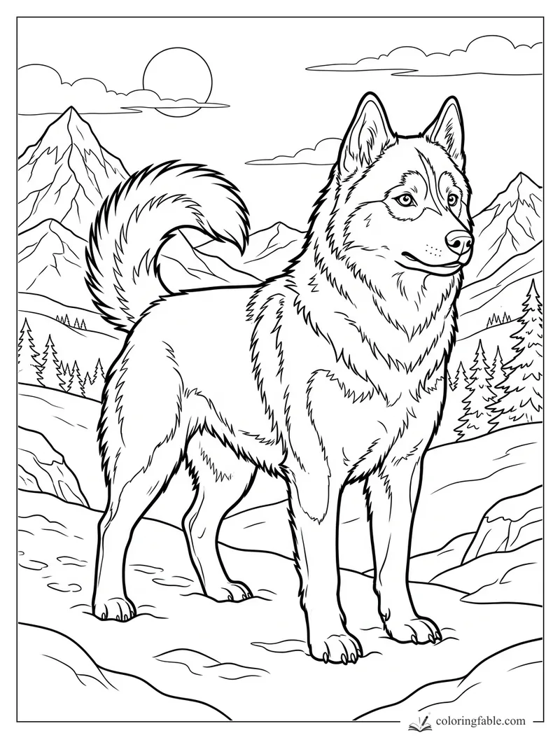 Realistic husky standing in snow with curled tail, pine trees, mountains, clouds, and low sun.
