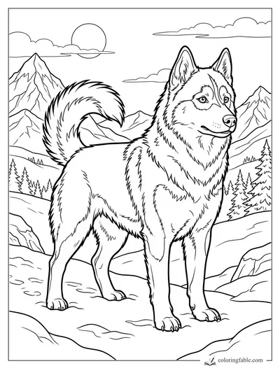 Realistic husky standing in snow with curled tail, pine trees, mountains, clouds, and low sun.