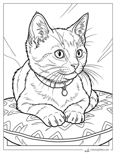 Realistic kitten with a collar and round tag resting on a leaf-patterned cushion