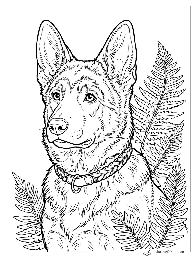 Realistic puppy portrait with tall ears, a braided collar, and detailed fern fronds