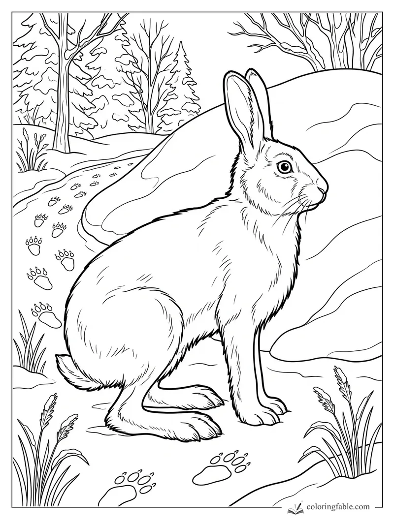 Realistic rabbit in a snowy forest with paw prints, pine trees, bare branches, and winter grasses.