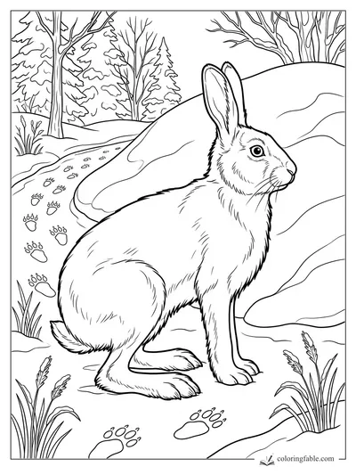Realistic rabbit in a snowy forest with paw prints, pine trees, bare branches, and winter grasses.
