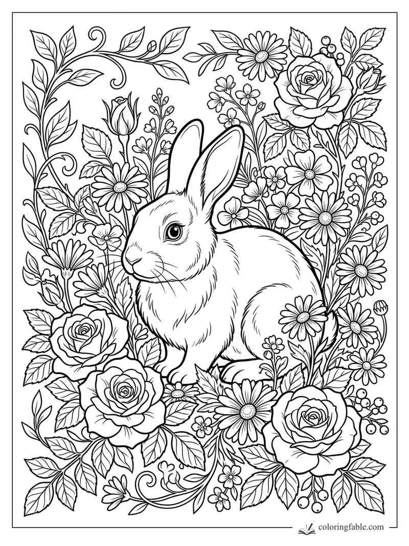 Intricate floral rabbit coloring page with roses, daisies, leafy vines, berries, and an alert bunny.