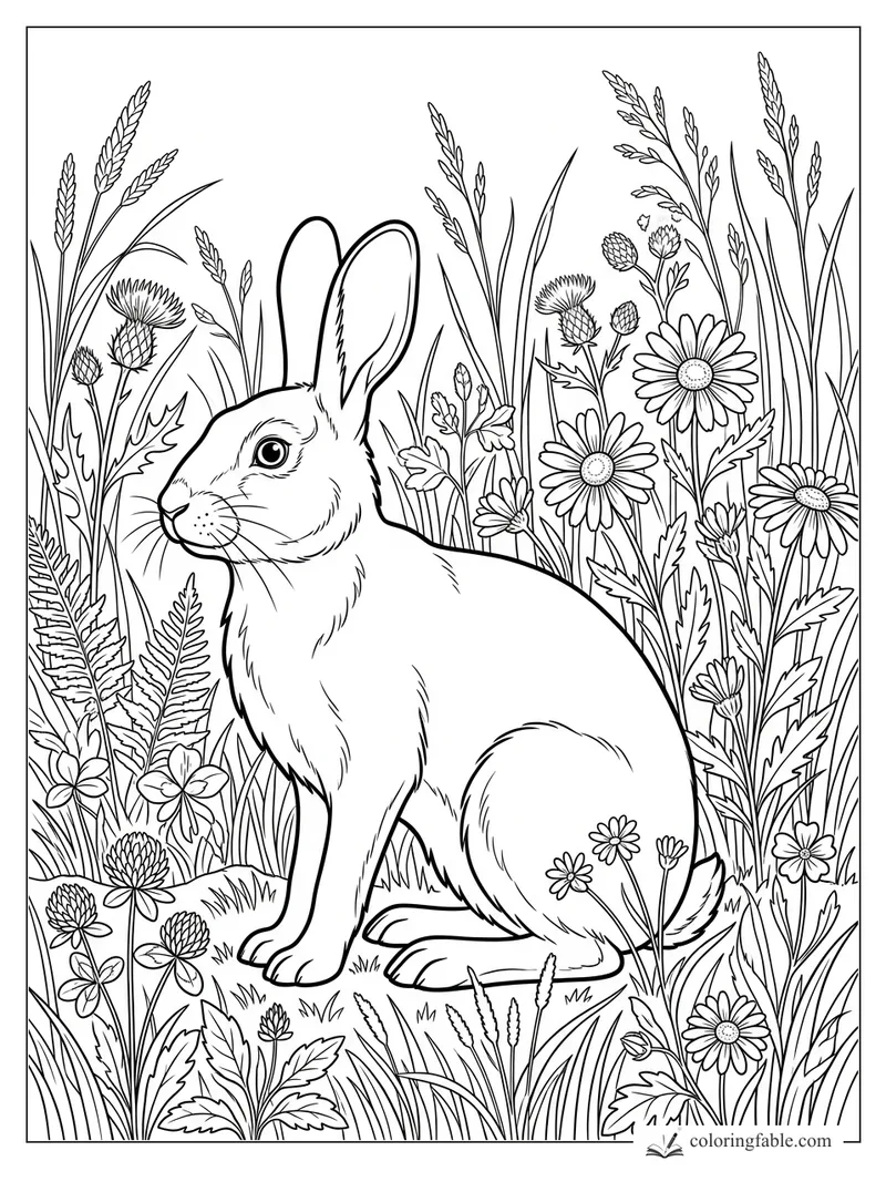 Rabbit sitting among daisies, thistles, ferns, clover, and tall meadow grasses coloring page