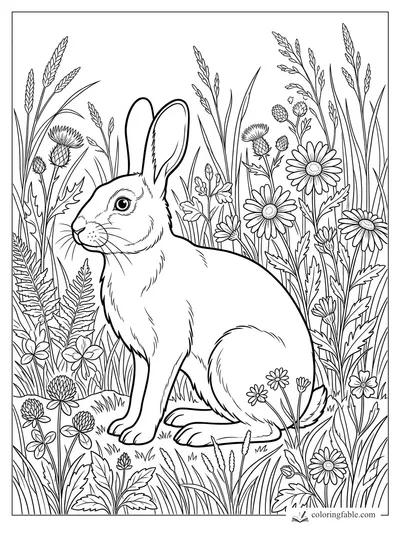 Rabbit sitting among daisies, thistles, ferns, clover, and tall meadow grasses coloring page