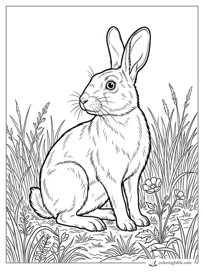 Realistic rabbit sitting upright among tall grass, seed heads, and small wildflowers.