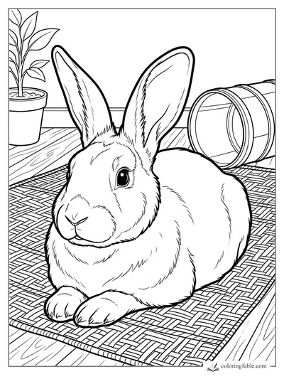 Realistic rabbit with tall ears resting on a woven mat beside a plant pot and wooden tunnel.