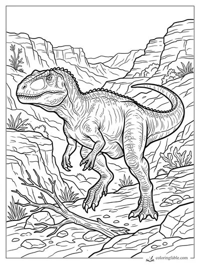 Realistic T. rex stepping through a rocky canyon with desert plants, cliffs, pebbles, and a fallen branch.
