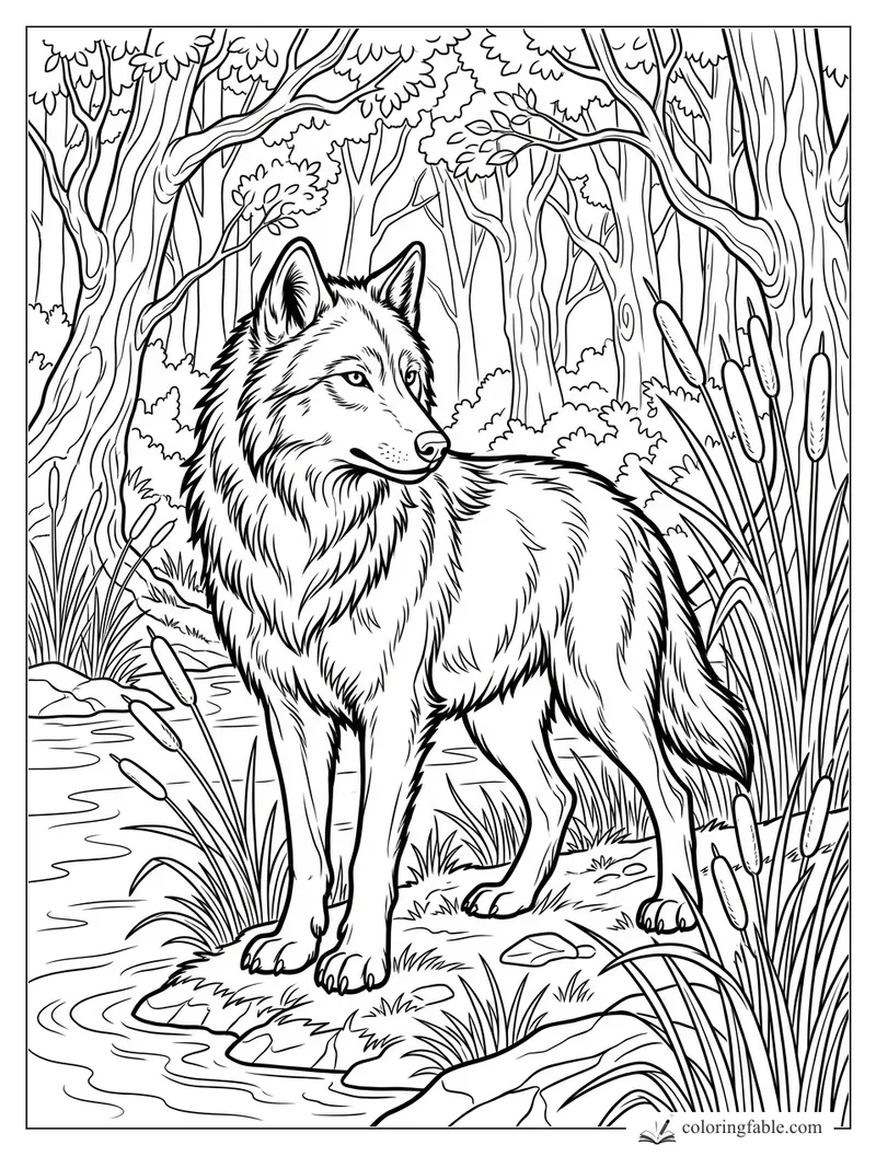 Realistic wolf standing by a pond with cattails, reeds, rocks, and dense forest trees behind it
