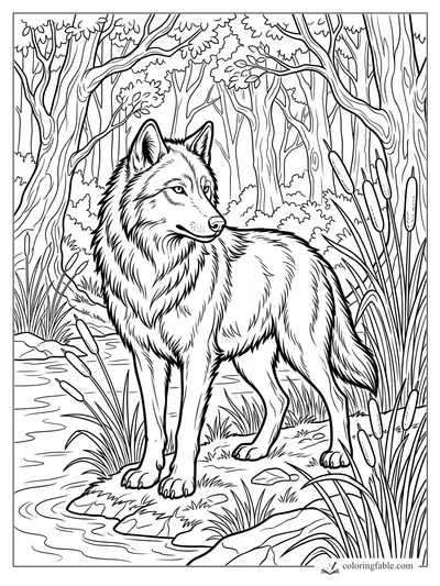 Realistic wolf standing by a pond with cattails, reeds, rocks, and dense forest trees behind it
